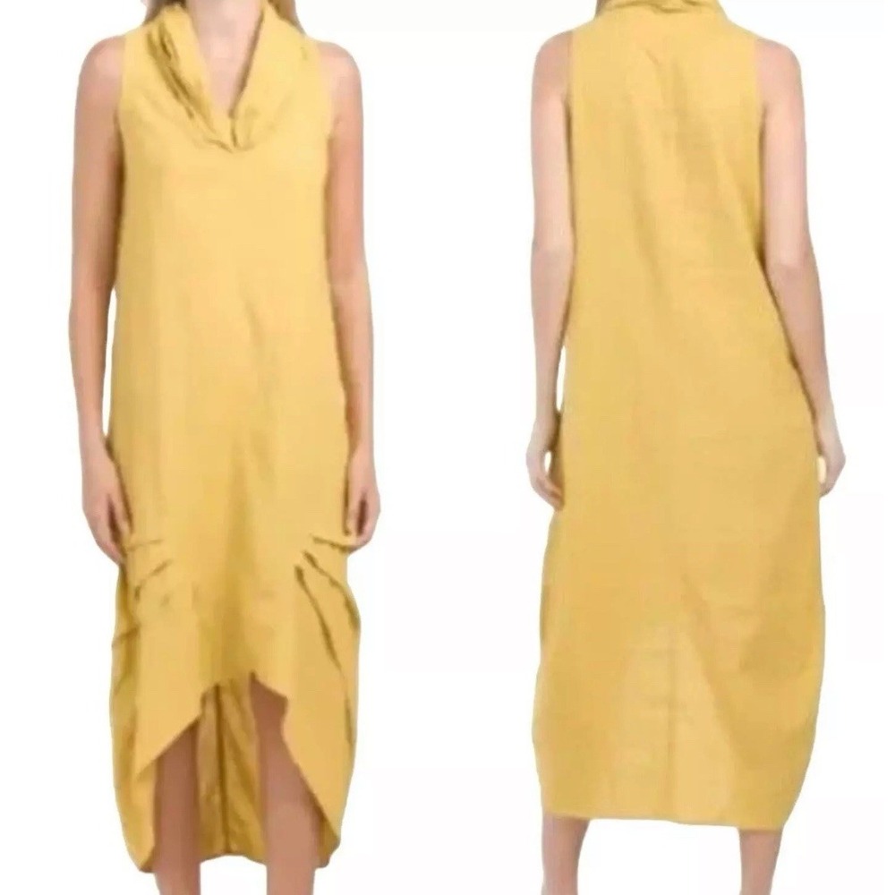 Cynthia Rowley Yellow Linen‎ Blend Cowl Neck High Low Shirt Dress Lagenlook XS